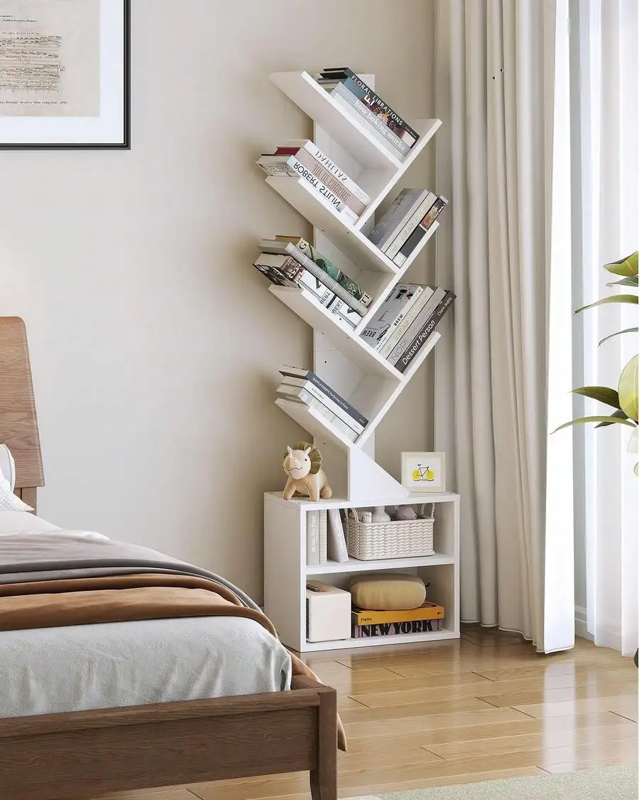10 Tier Tree Bookshelf,Floor Standing Wood Tall Bookcase For Narrow Space, Storage Organizer Bookshelves For Books, Book Case Fo
