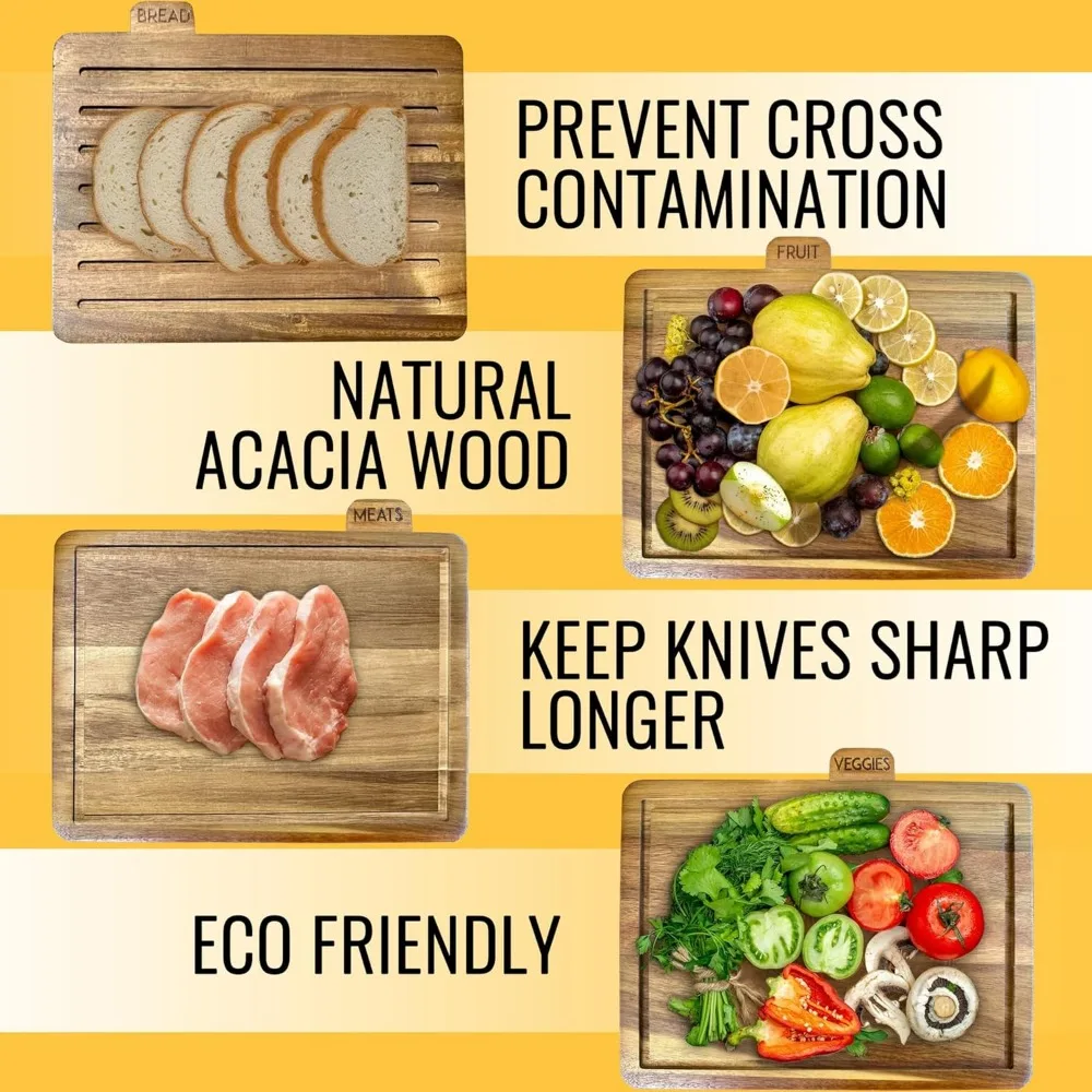 مجموعة لوح تقطيع خشب السنط الكبيرة مع حامل، 13 × 11 × 2.5 بوصة، مجموعة ألواح تقطيع المطبخ المسمى