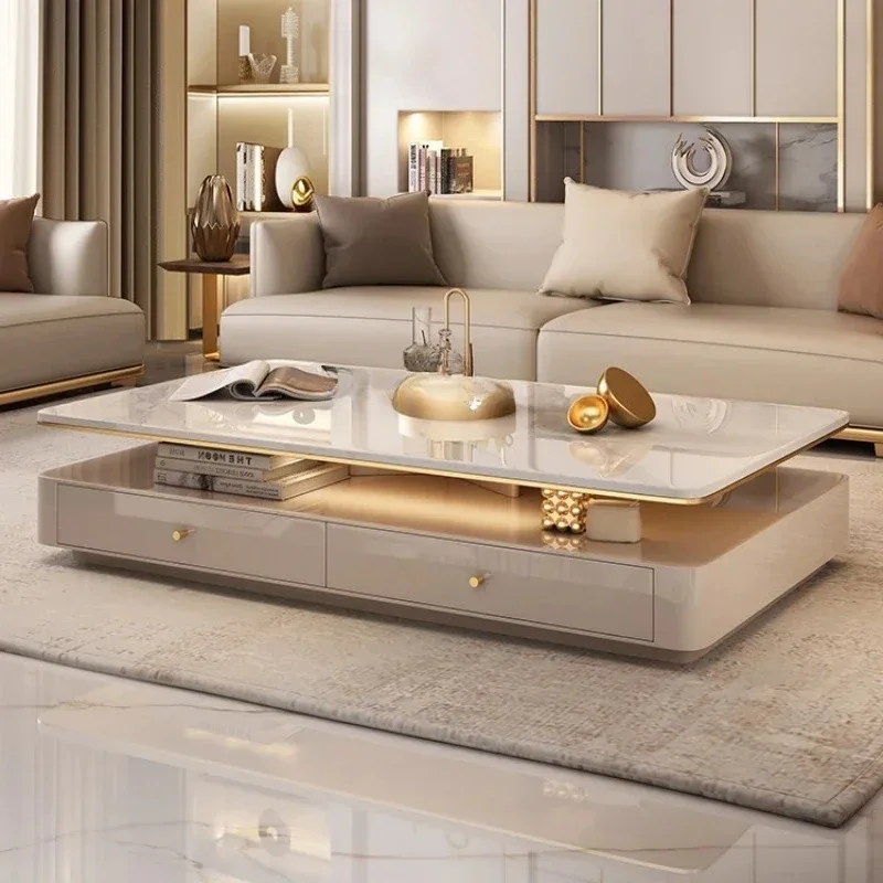 Stone Plate Minimalist Coffee Table Storage Double Layer Modern Light Luxury Living Room Home Tea Table