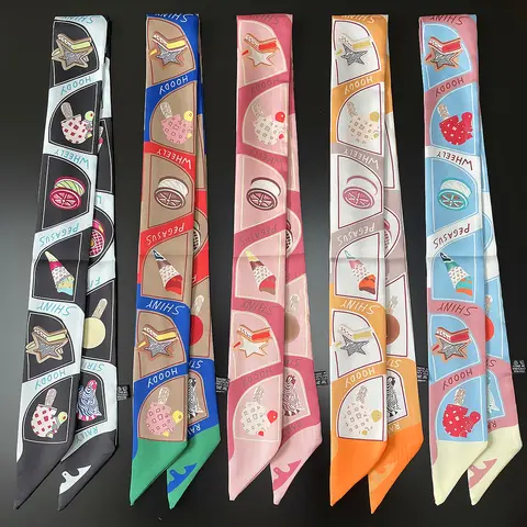 2024 새로운 만화 패턴 브랜드 디자인 능 직물 실크 스카프 럭셔리 스카프 여성 풀라 스키니 가방 스카프 Neckerchief 머리띠