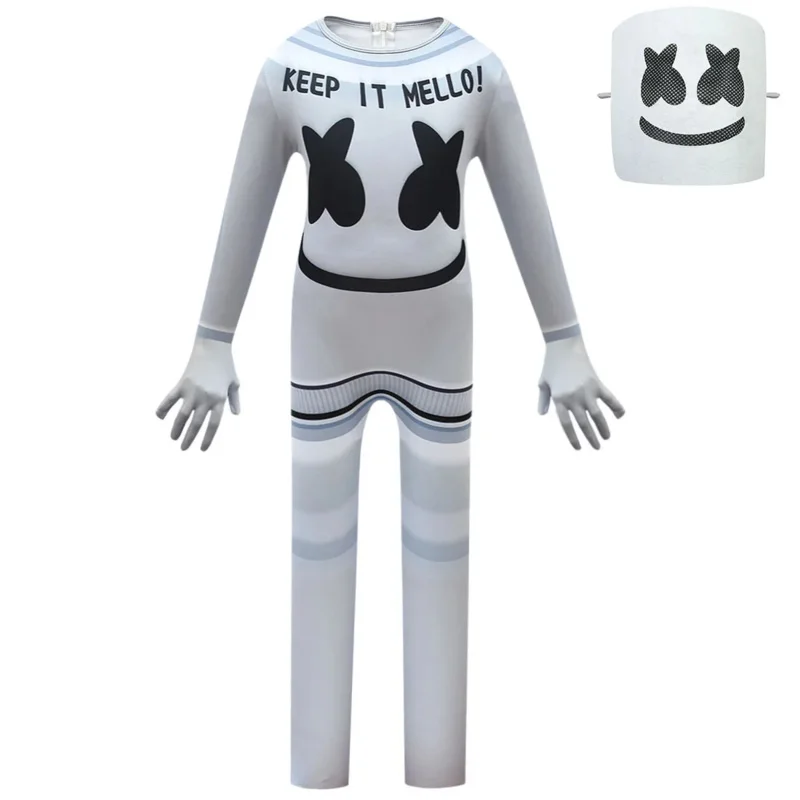 Kids Popular Halloween Costume DJ M-Marshmellos Cosplay with Mask Boys Girls Jumpsuit Carnival Party Electric Syllables Bodysuit