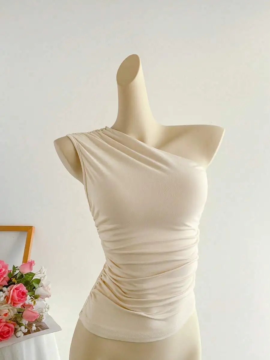 

Кремовый приталенный топ с асимметричным вырезом и рюшами для женщин, элегантная повседневная блузка на весну-лето