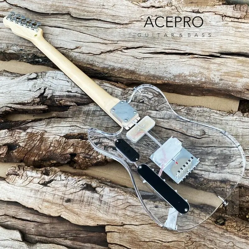 In Stock Acepro Colorful LEDs Acrylic Electric Guitar, Clear Acrylic Crystal Body Guitarra, Maple Neck, Rosewood Fretboard