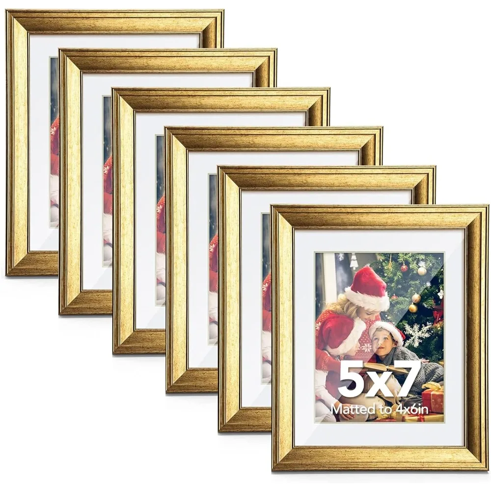 SYNTRIFIC 6PC 5x7in Gold Frames, Vintage Gold Picture Frames for Wall Mounting and Tabletop Display