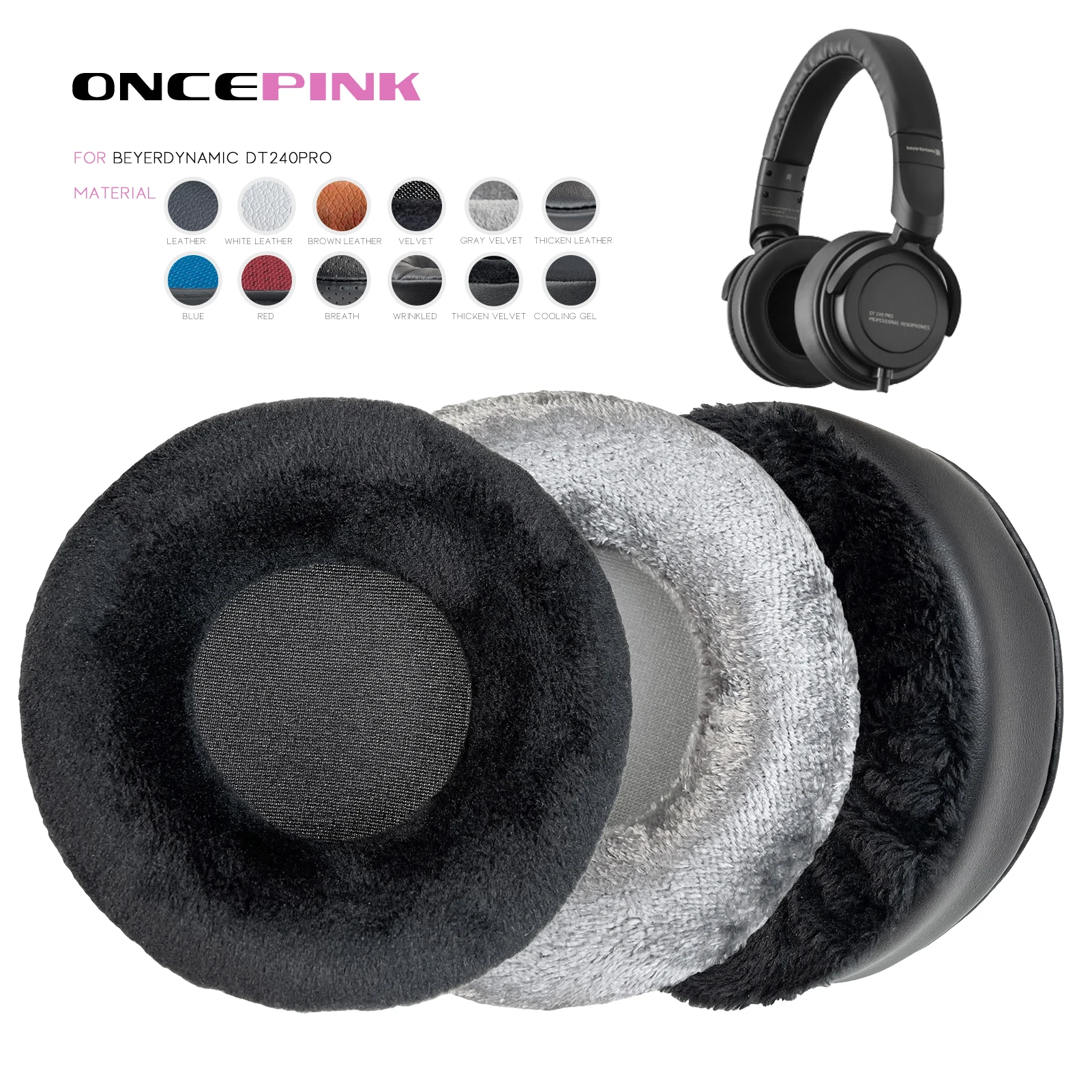 Oncepink Replacement Ear Pads for Beyerdynamic DT240 Pro DT240PRO Headphone Thicken Cushion Earmuffs Headbeam Headband