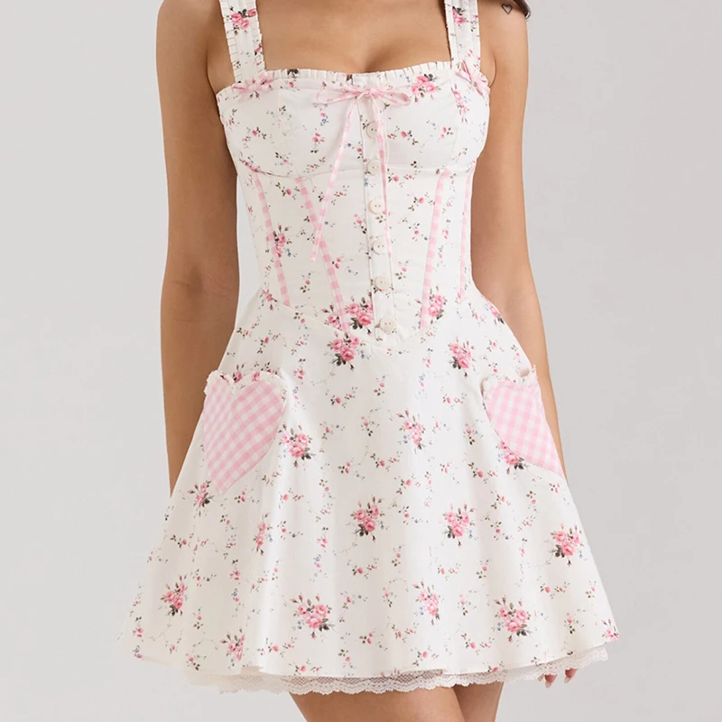 Sweet Floral Print Plaid Spliced Summer Mini Dress Women Elegant A-line Slim Low Waist Short Tank Dresses Party Robe