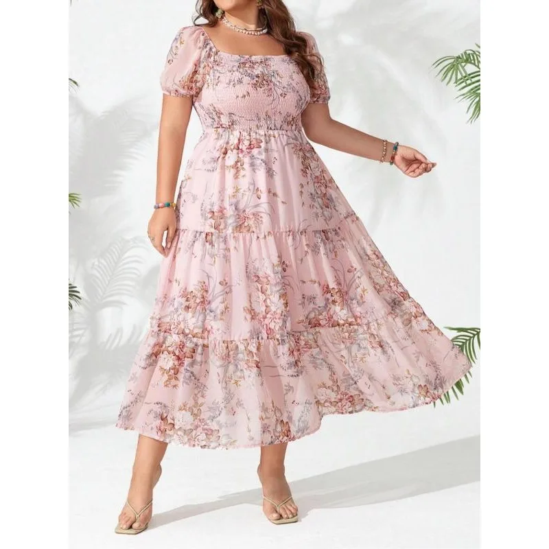 Minivestido de talla grande con estampado de volantes y mangas aleteadas para mujer, vestido informal con cuello cuadrado para vacaciones en la playa y vacaciones