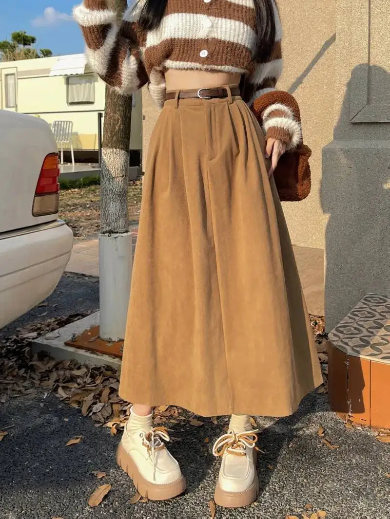 Vintage Belt Corduroy Midi Skirt Women High Waist Pleated A Line Skirts Autumn Winter Streetwear Korean Casual All Match 6TZ5