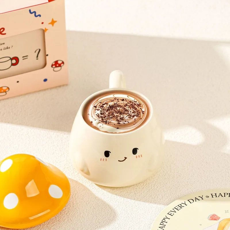 Mushroom Ceramic Mug with Lid Creative Couple's Cup Latte Mug Milk Cup Oat Cup Breakfast Cups Home Drinking Cups Tea Cups view 3