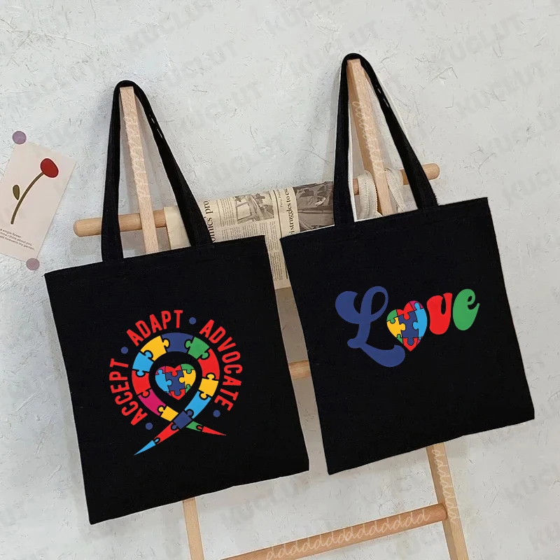 Bolso de compras para mujer concientización sobre el autismo, bolso grande de lona, bolsos de hombro, bolso de compras ecológico reutilizable a la moda para tipografía del autismo