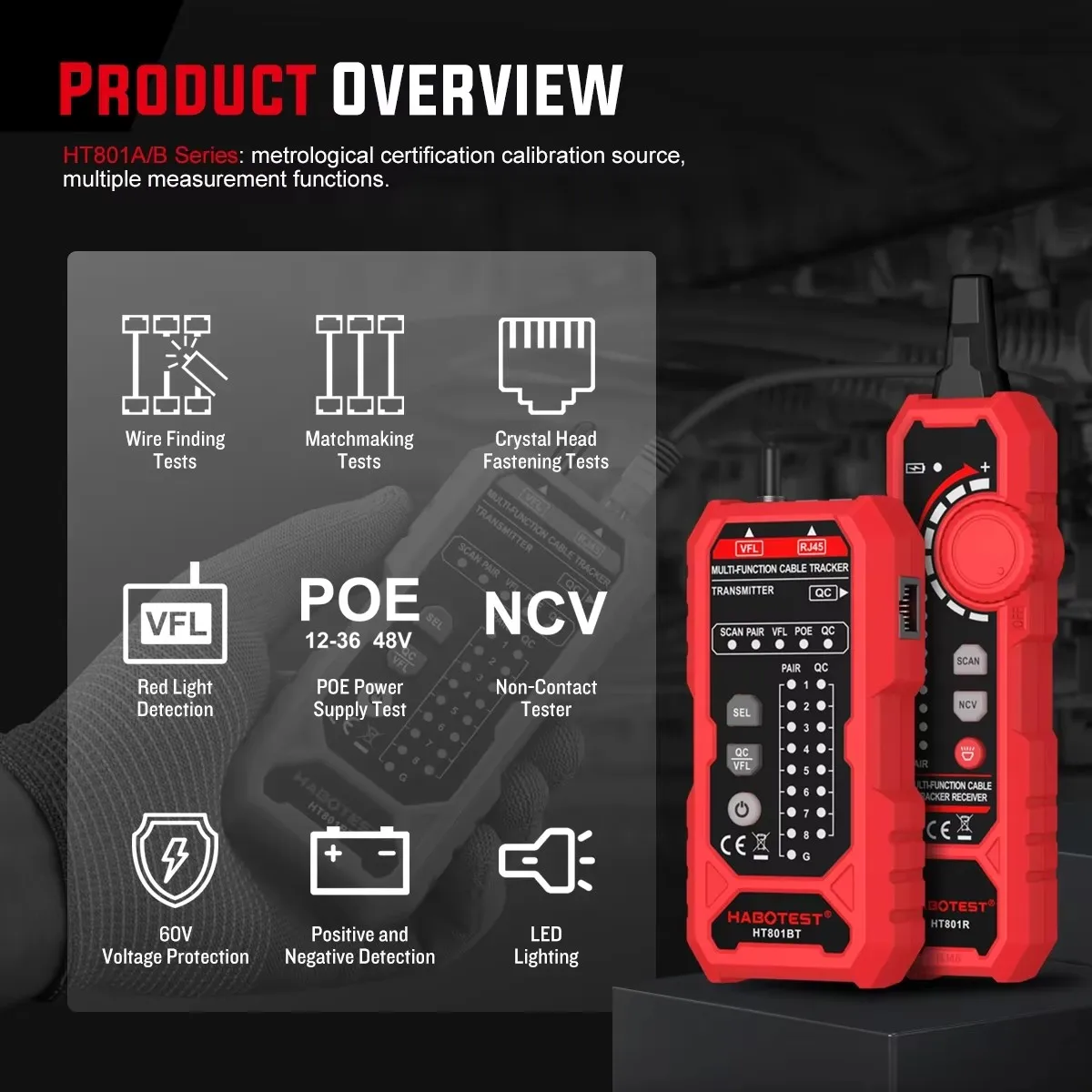 HABOTEST HT801 Network Cable Tester, RJ11 RJ45 Wire Tracker Line Finder, POE Checker Supports Cat5 Cat6 Ethernet Cable Testing