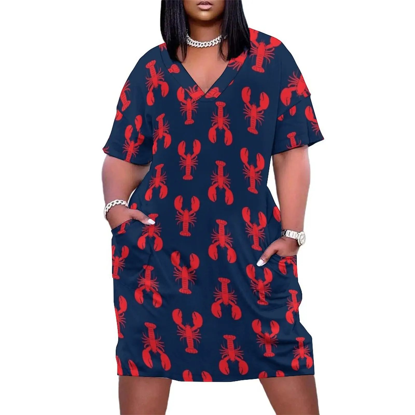 

Lobsters - Red on Navy Loose Pocket Dress summer dress woman 2025 trendy women long dresses