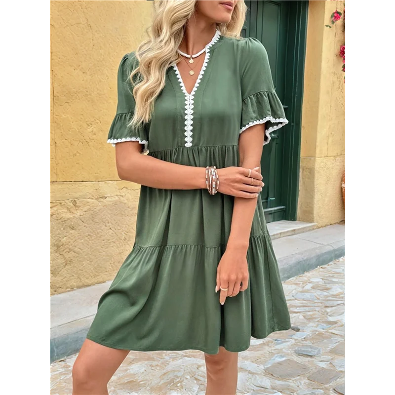 

ABRT-Women V Neck Flowy Babydoll Dresses 2025 Summer Short Sleeve Swing Shift Loose Casual Summer Mini Tunic Dress