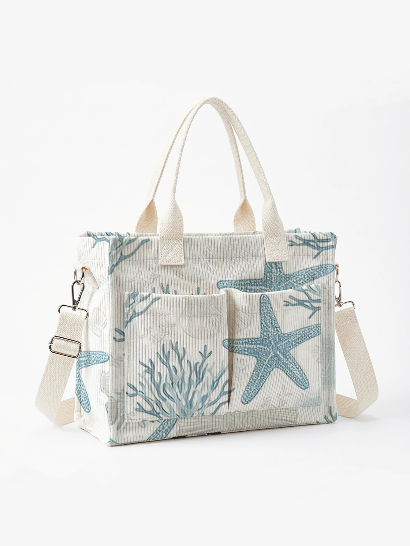 

Coastal Starfish & Coral Print Corduroy Tote Bag Large Capacity Multi Pocket Commuter Shoulder Bag