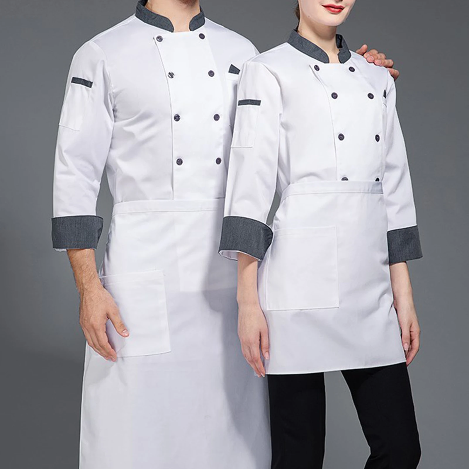 Unisex Women Men Double-Breasted Chef Coat Contrast Color Stand Collar Long Sleeve Cook Jacket Restaurant Hotel Kitchen Uniform