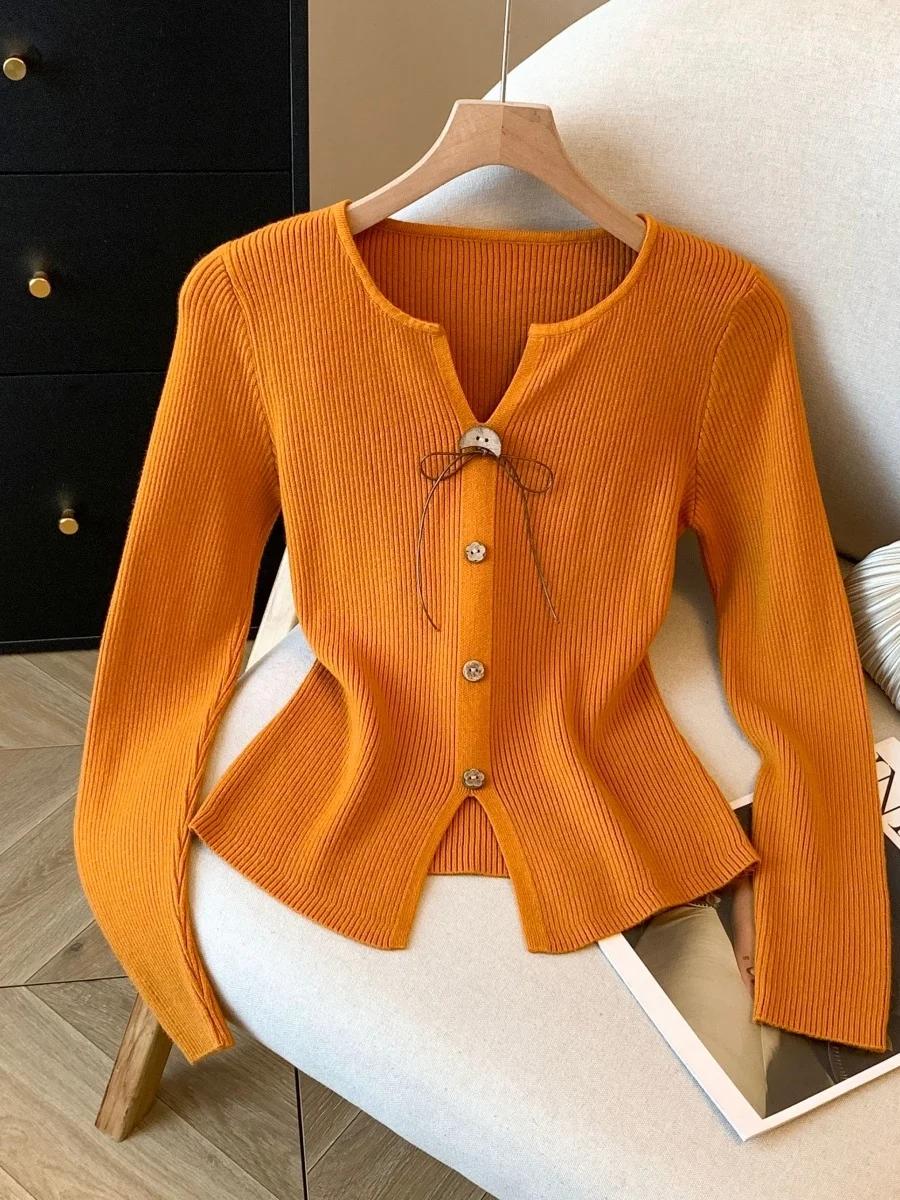 

Pumpkin Orange V-Neck Short Knitted T-Shirt Women's Spring Autumn Korean Style Beautiful Base Layer Shirt Bright And Attractive