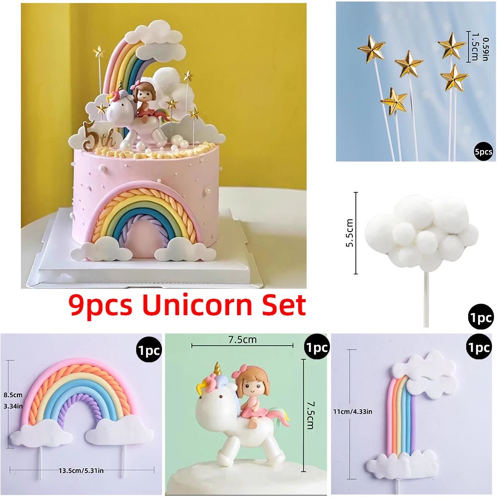 9 pcs unicorn rainbow cake topper unicorn with rainbow clouds stars Happy birthday cake decorations for girls one year old party