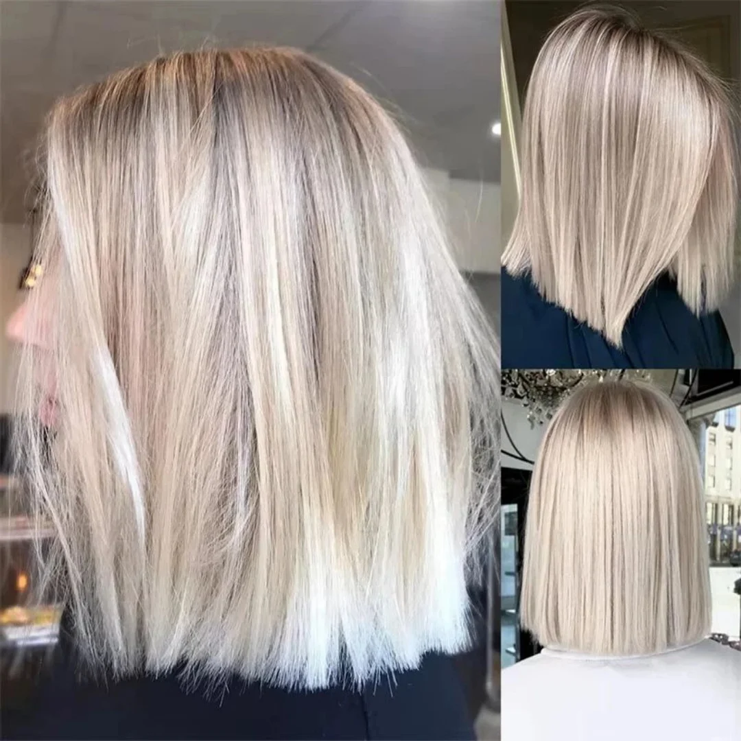 Ombre White Blonde Synthetic Lace Front Wigs With Dark Roots Natural Straight Soft Middle Parting Shoulder  Glueless Wigs Daily