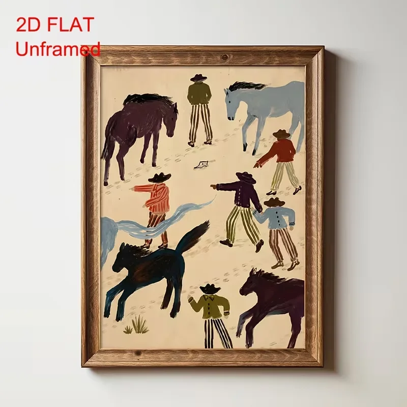2D Flat, 2D FLAT 1pc Unframed Vintage Western Cowboy Horse Canvas Poster Abstract Equestrian Mid Century Wall Art Print Minimali