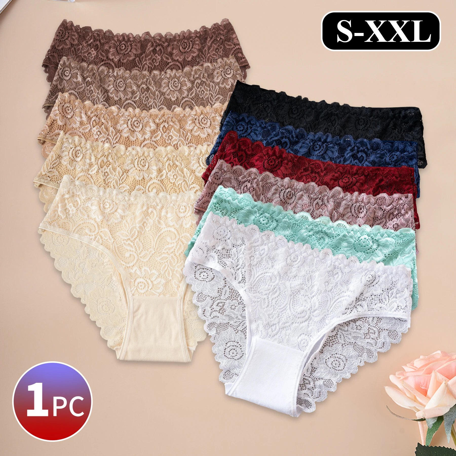 1PC Solid Color Cotton Women's Panties Elegant Hollow Floral Lace Sexy Briefs Lingerie Comfortable Breathable Underwear Everyday