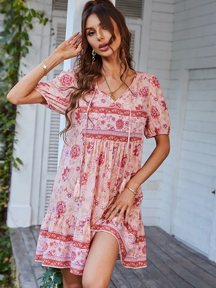 

2025 Women's Elegant Summer V-neck Festive Beach Loose Skirt Spring Fashion Print Casual Dress Short Sleeve Dress Females