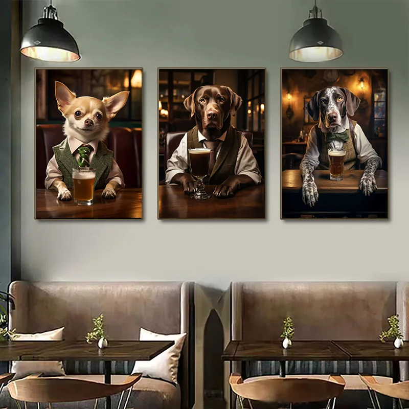 Cute Pug German Shepherd Corgi Collie Dog in The Pub Poster Prints Canvas Painting Animal Beer Wall Art Room Home Decor Cuadros