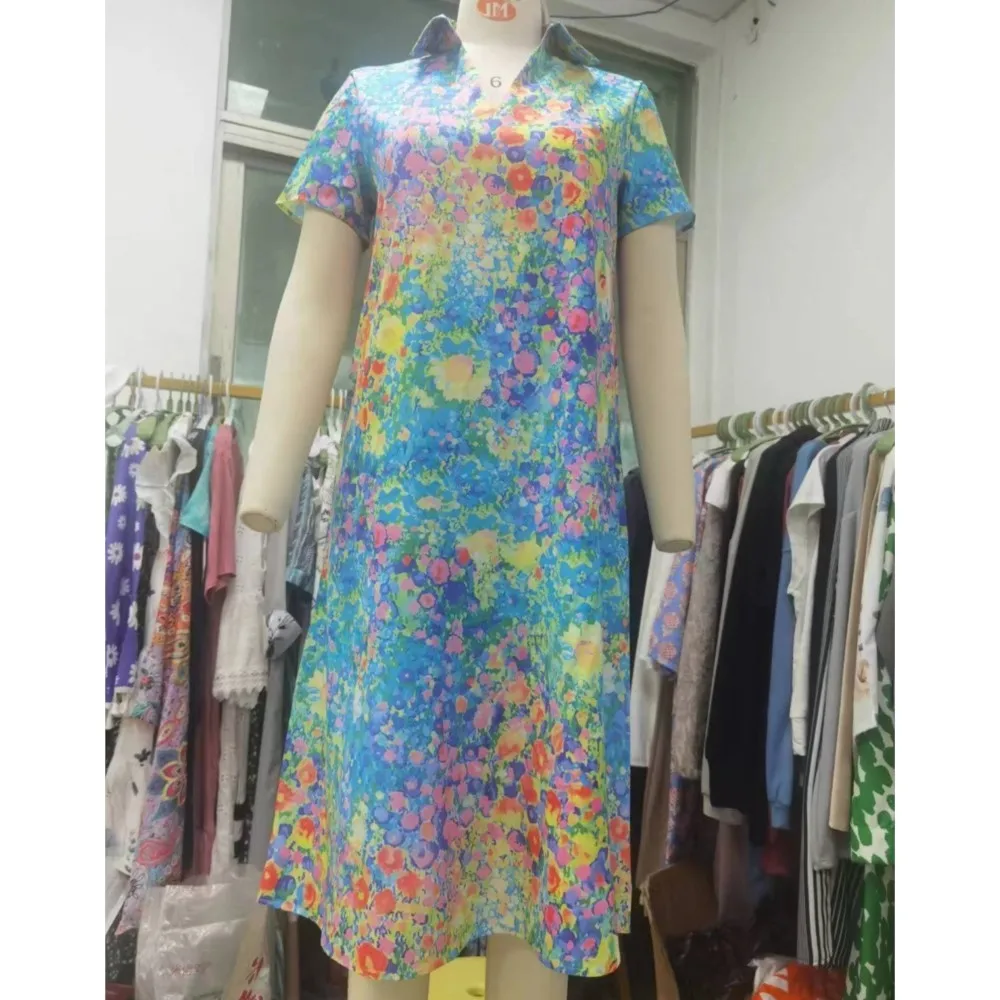 Elegant Slim A-Line Knee Length Boho Shirt Dress 2024 Fashionable New Women's Short Sleeved Printed Casual V-neck Dress Vestidos