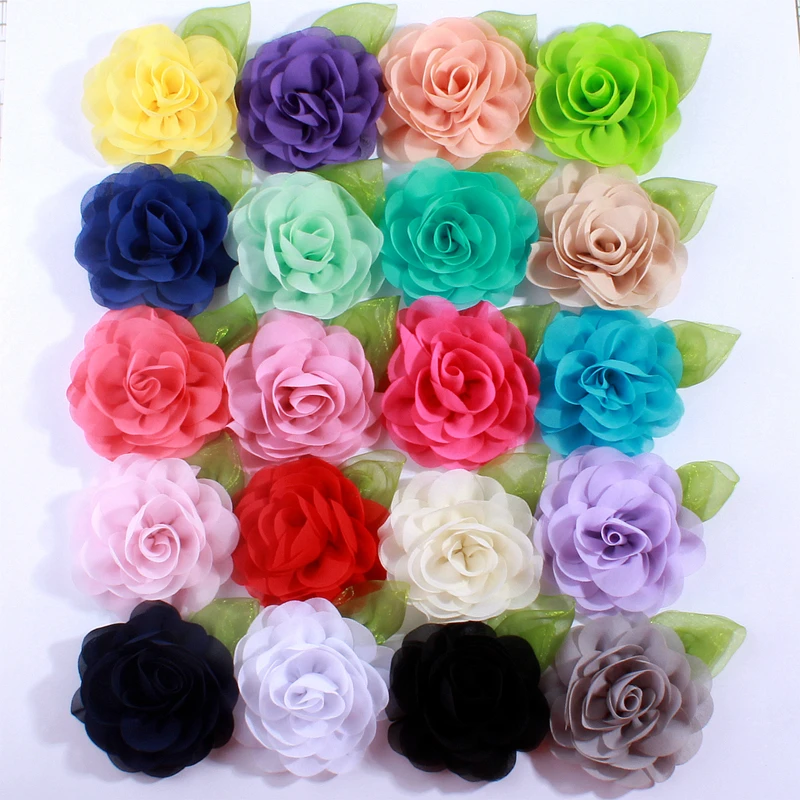 5PCS 8.5CM Big Beauty Green Leaf Chiffon Flowers For Hair Clips Petals Poppy Fabric Flower For Hair Accessories You pick Color