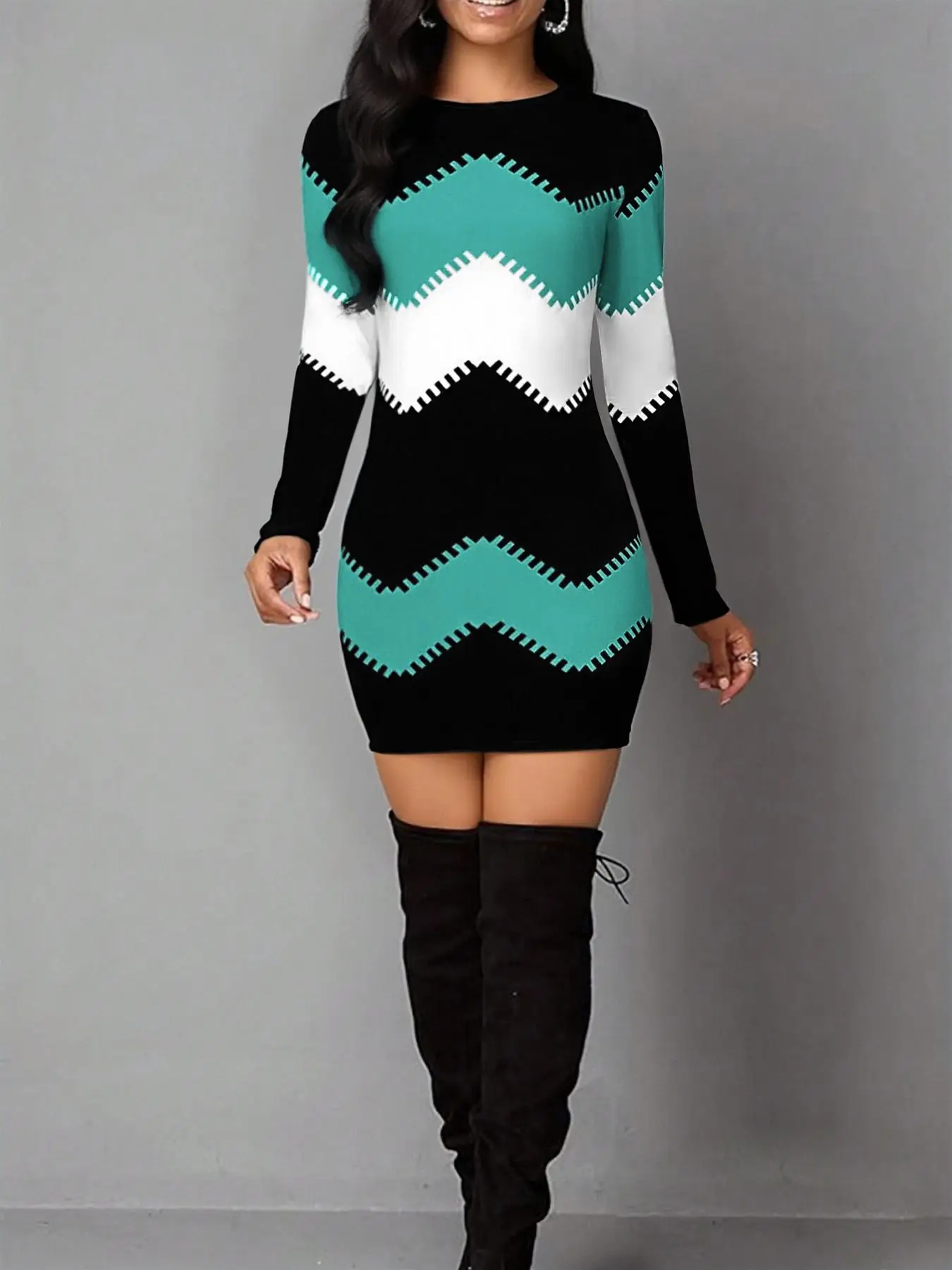 Women's Vintage Geometric Print Casual Long Sleeve Dress, Elastic Polyester Blend Mini Tight Fit, Perfect for Daily, Festival - view 6