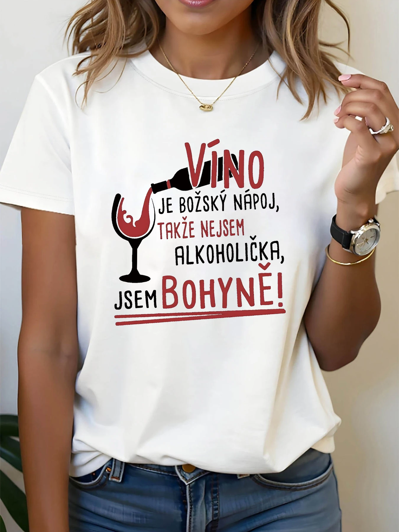 

Women's T-shirt Short Sleeve VÍNO JE BOŽSKÝ NÁPOJ Slovak Letter Print Crew Neck Casual Top For Summer & Spring