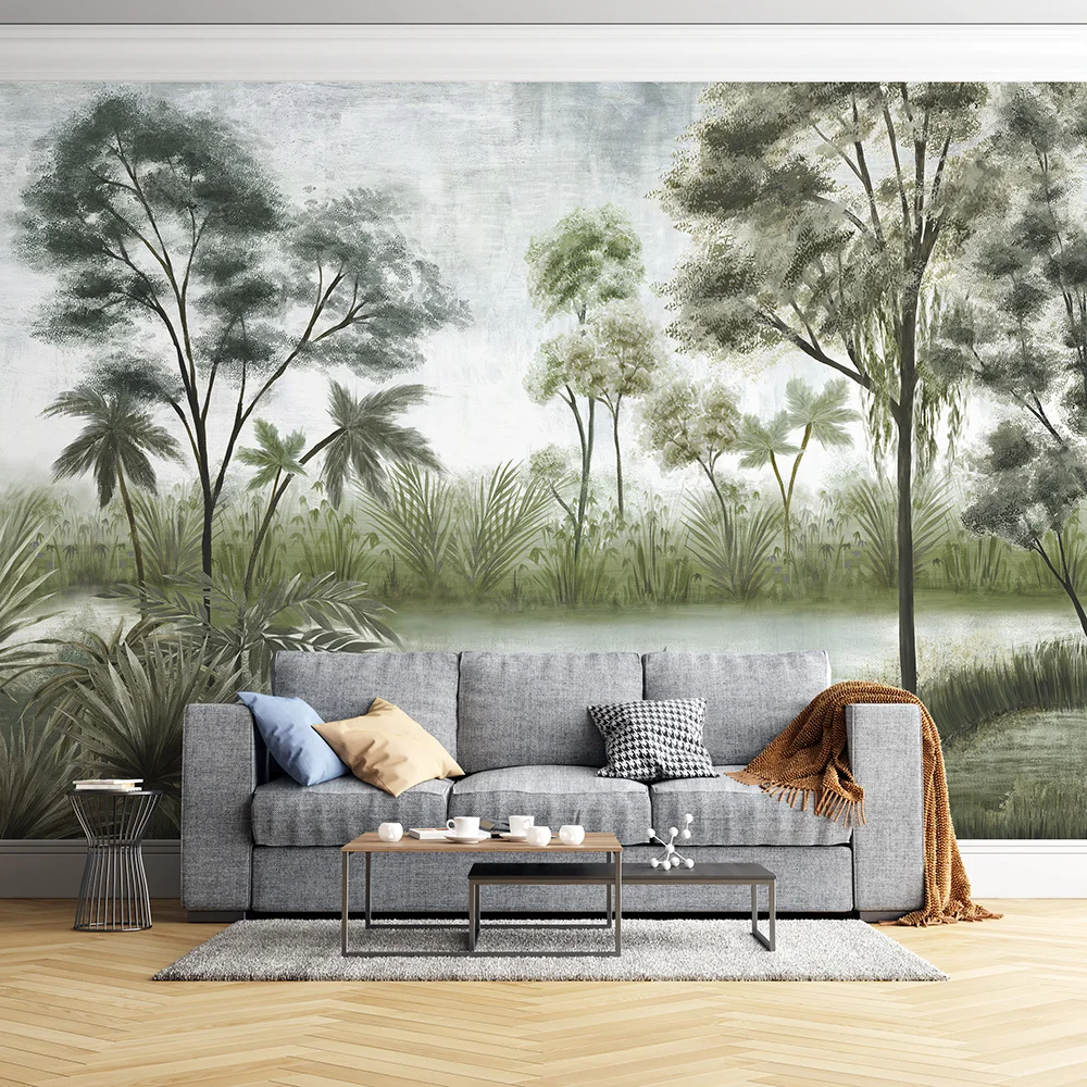 Customized 🌿 ink-wash wetland forest home decor wallpaper mural
