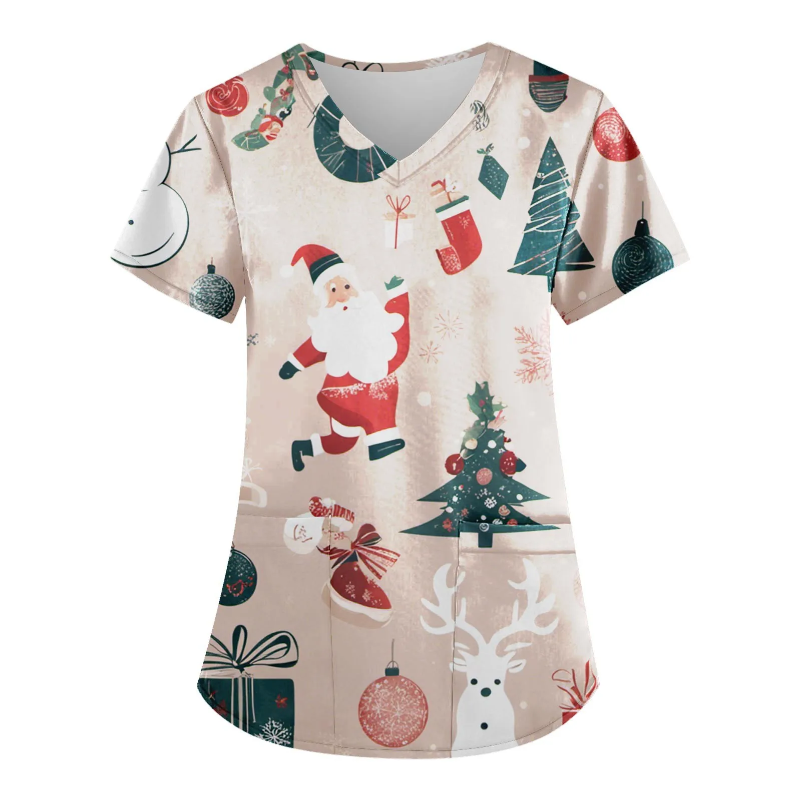 Kerstverpleegster Scrubs Tops Vrouwen Medisch Uniform Kerstman Print V-Hals Verpleegster Uniform Ziekenhuis Gezondheidszorg Spa T-Shirt Blouse