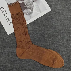 2024 Business Socks for Men Summer Sexy Thin Nylon Striped Soft Breathable Mid Tube Socks Mans Dress Formal Brown Stockings Male