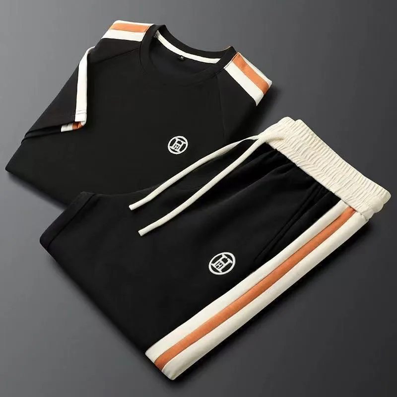 Men's summer thin fashion striped splicing sports T-shirt trousers two-piece set
