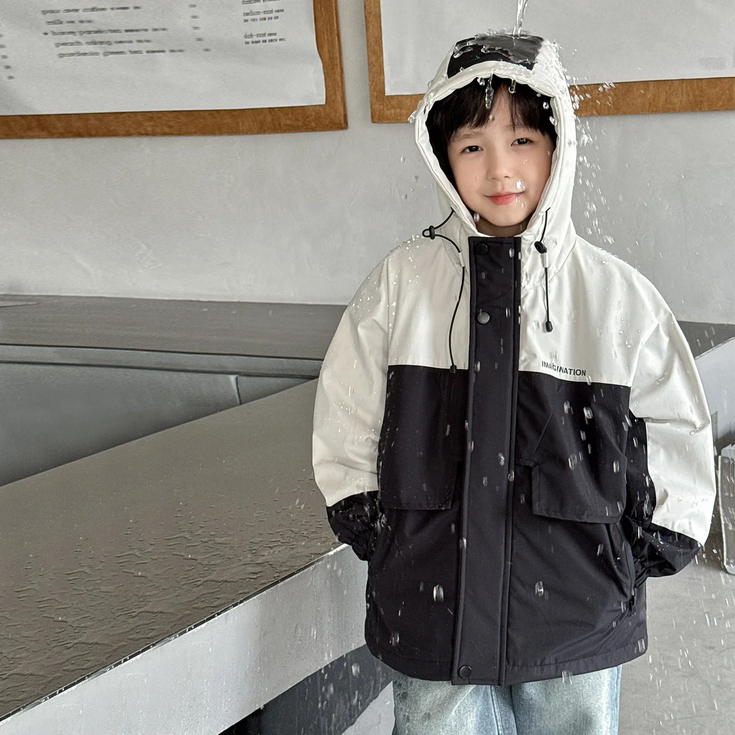 2024 Children's Fashion Versatile Winter Clothing Strong Waterproof Stormtrooper Coat Color Blocked Hooded Thick Boys' Coat