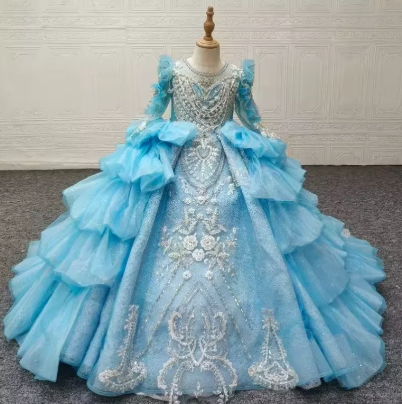 Luxury Blue Child Party Dress Beaded Lace Rhinestone Flower Girl Dresses Lace Up Back Pageant Gowns with Tail Size 1-14T