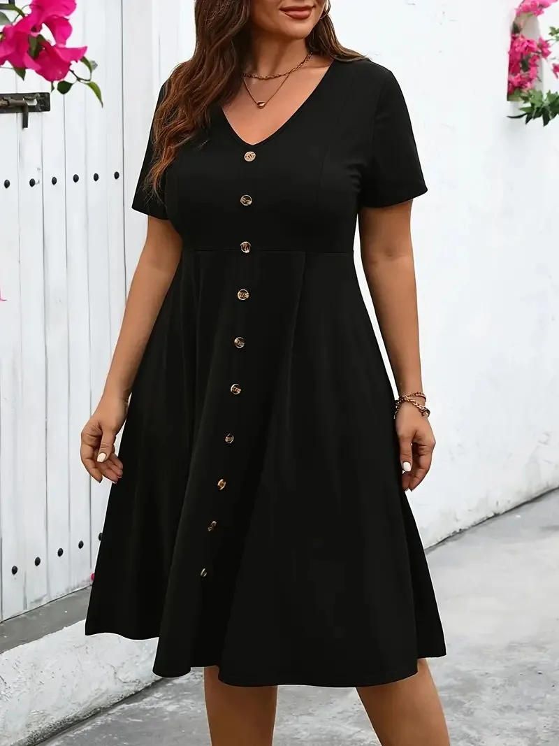 GIBSIE Plus Size Women\'s V Neck Button Front Black Dress Summer Short-sleeved High Waist Female Casual A-line Midi Dresses 2024