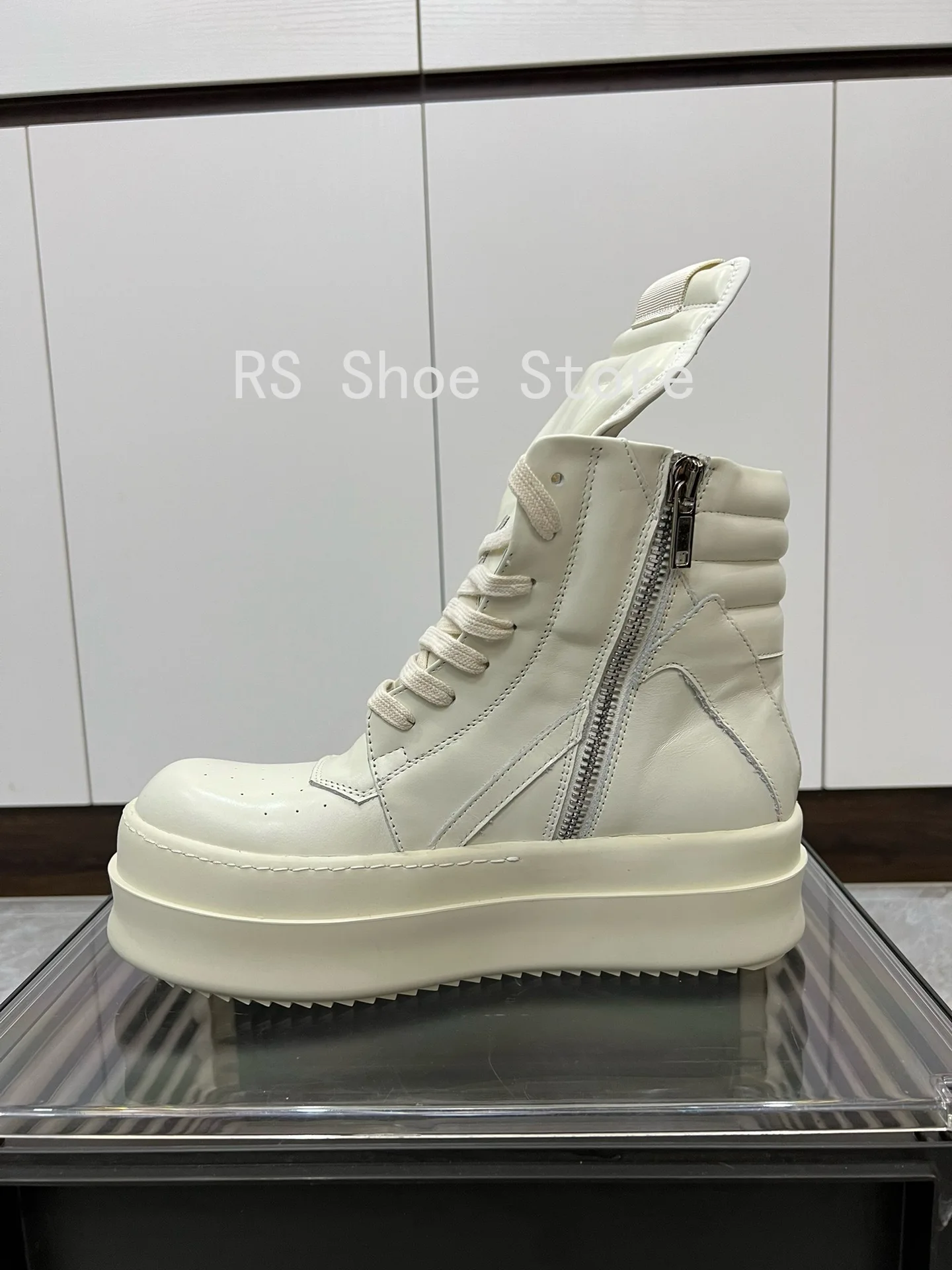 

Ro Classic Designer Men Shoe Women Sneaker White Leather Ankle Boot High Top Casual Shoes Zipper 6cm Thick Sole Boots