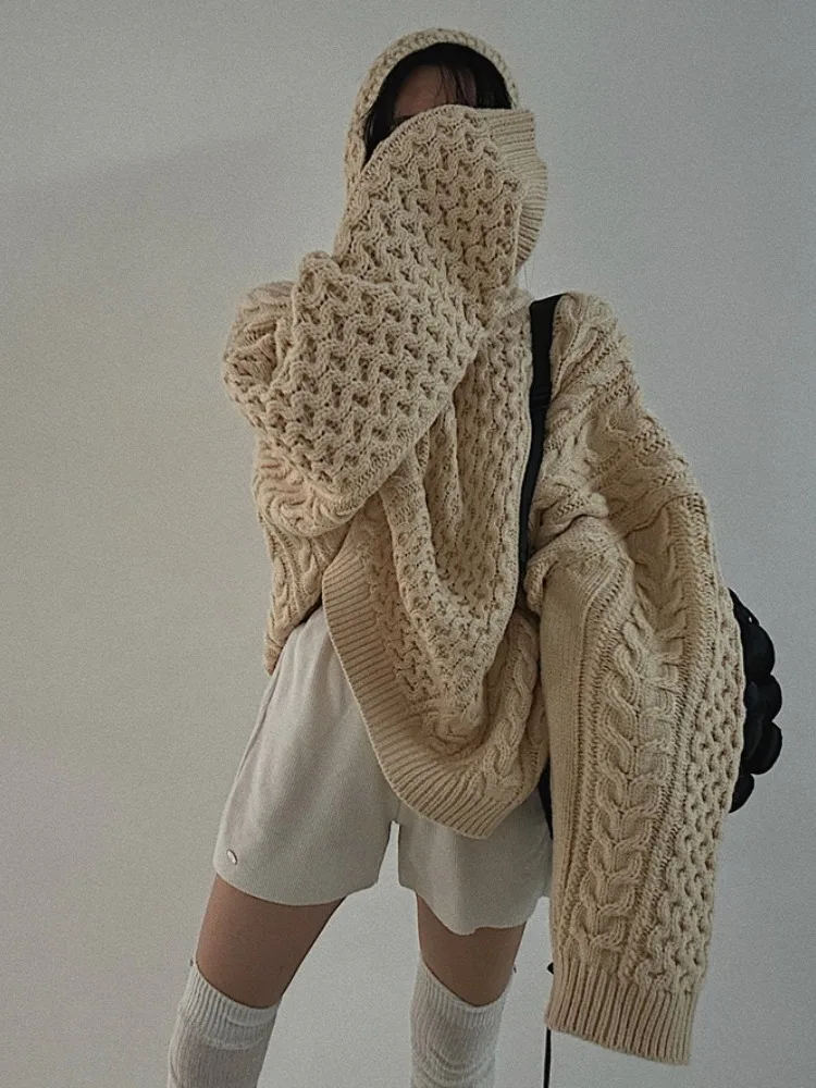 

Retro Heavy Knit Long Sve Hoodie Women's Loose Fit Knitted Sweater Autumn Winter Chic Sle Twist Yarn Casual Versatile Top