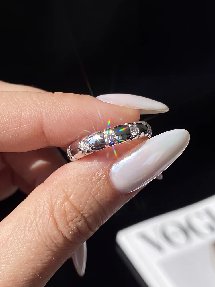 Einfacher, echter Moissanit-Diamant, runder, glänzender, gestapelter Ehering für Damen, Party, hochwertiger, personalisierter Schmuck – Detail 4