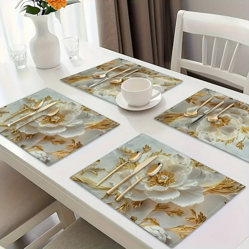 VIKAMA White Peony Gold Leaf Placemat Elegant Floral Table Placemat Dinner Mats Kitchen Dining Room Wedding Decor Everyday Use