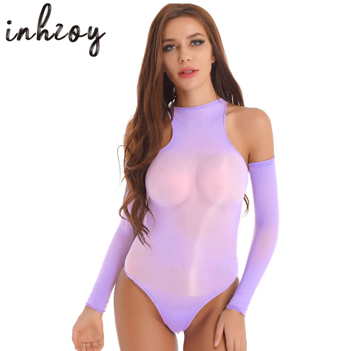 

Glossy Semi Mesh See-through Bodysuit Lingerie for Women Long Sleeve Teddies One Piece Leotard Bodystocking Nightwear Swimwear