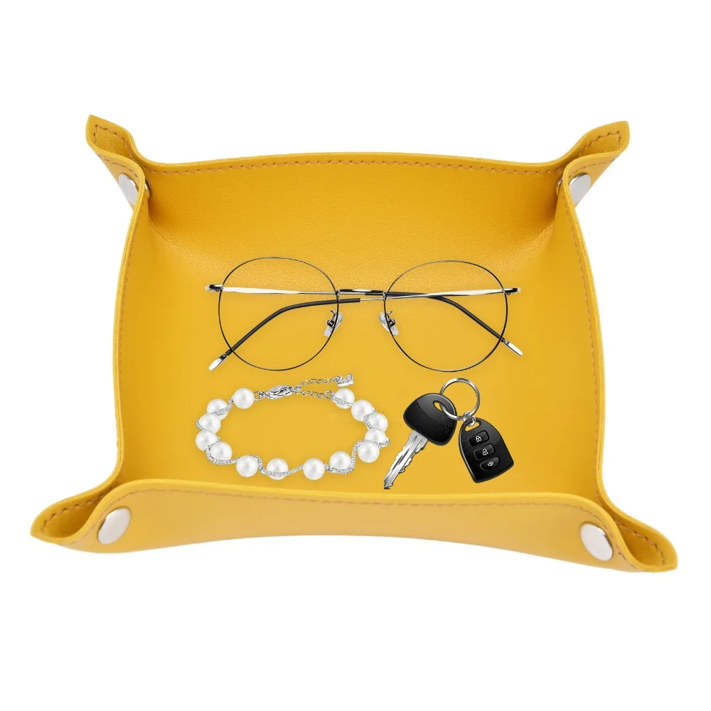 Leather Jewelry Tray Foldable with Snap Button Key Tray Square Shallow Shape Soft Trinket Holder Desktop Small Sundry