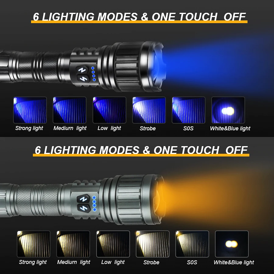 Двойной фонарик с ярким освещением, 800 Вт, высокомощный перезаряжаемый тактический фонарик с дальним радиусом действия