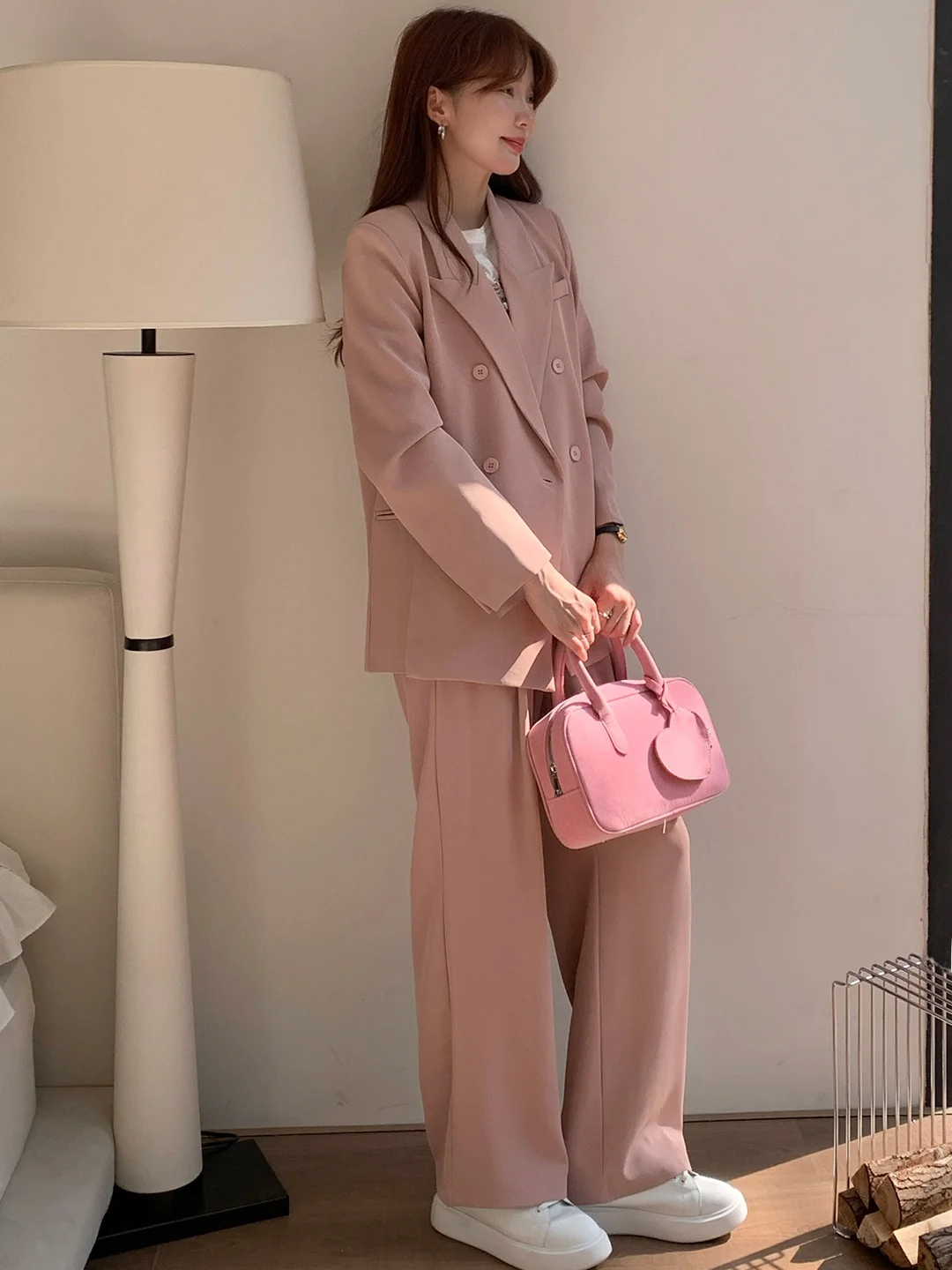 

Розовый костюм с широкими брюками, женский повседневный костюм для интервью Profional Westwear Commute Sle, длинный све на подкладке с двойной пуговицей