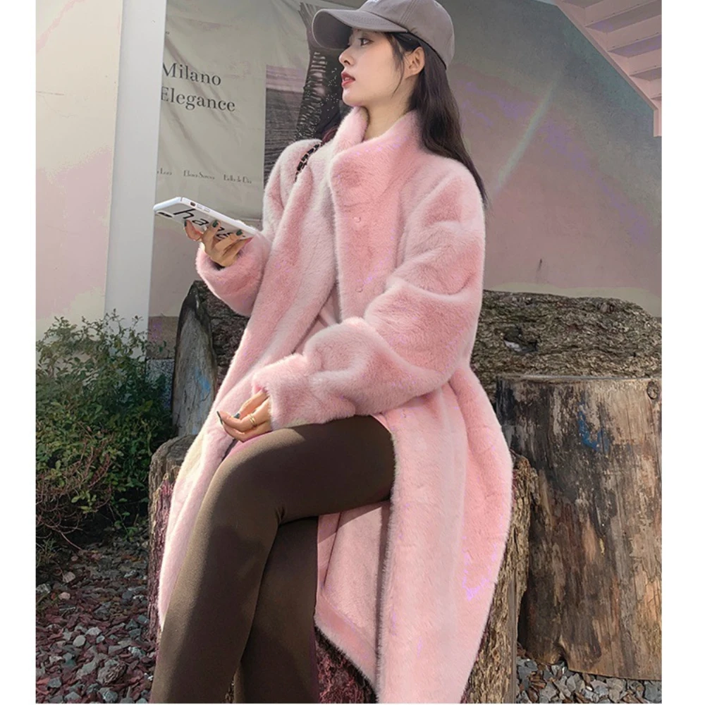 Elegante Winter Koreaanse Stijl Nepbont Jas Vrouwen Zwart Pluizig Jasje Vrouwelijk Roze Nieuw In Outwears Dames Lange Pluche Jas