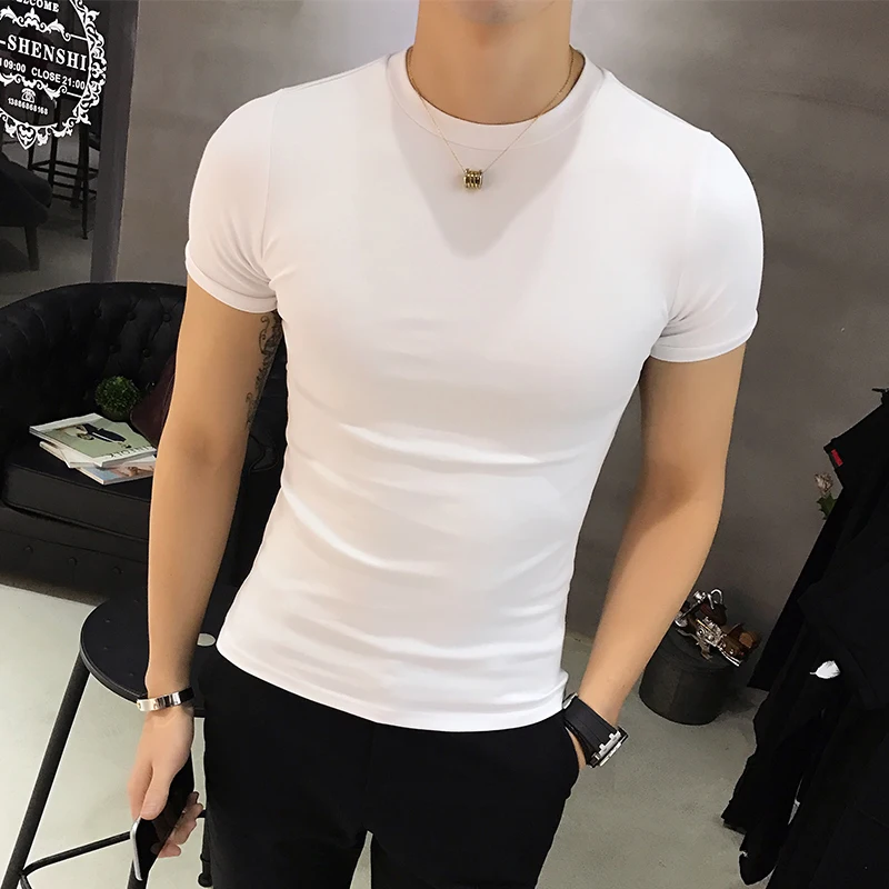 Men\'s Summer Casual Versatile Solid Color T-Shirt Korean Luxury Round Neck Short Sleeve Slim Fit Tight Cotton Tee Shirt 4XL-M