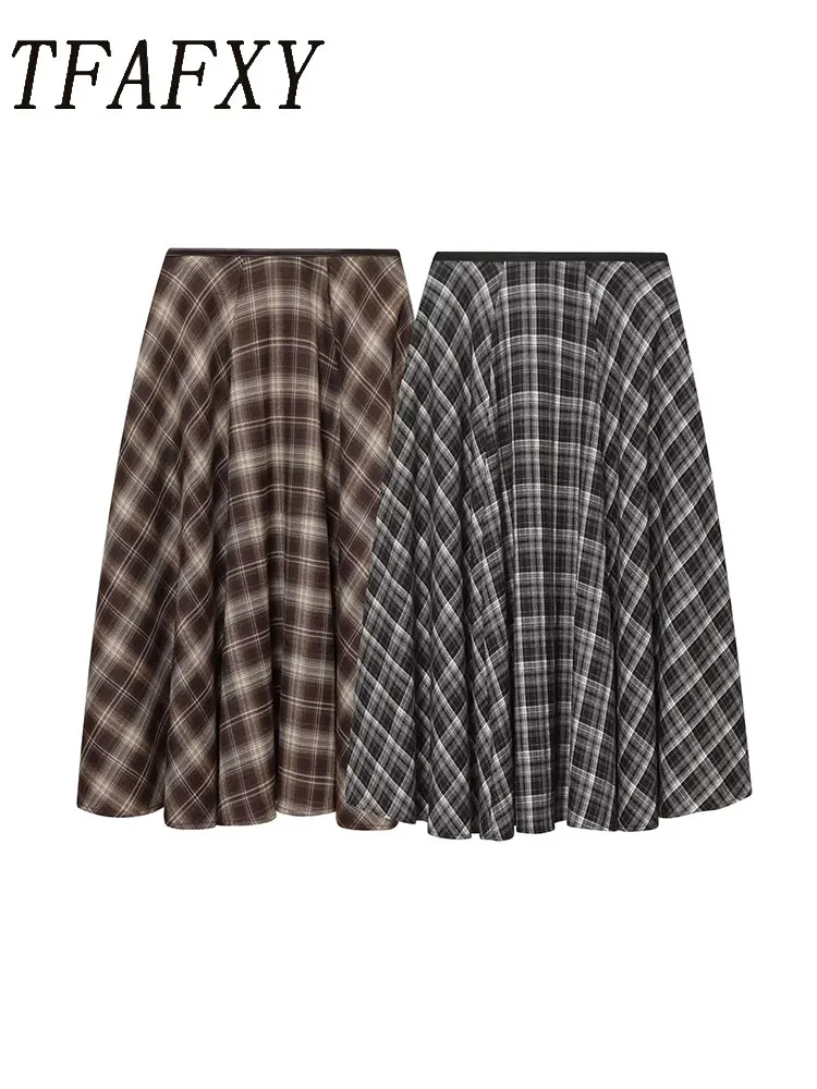 TFAFXY Vintage Plaid Printed Women Long Skirts 2025 Autumn Winter Zipper High Waisted A Line Swing Midi Long Skirt Y2K