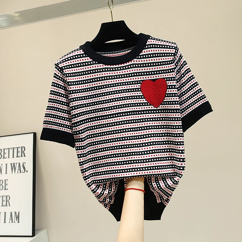 Summer Striped Knitted Top Viscose Fiber High Temperature Hot Drilling Embellishment T-shirt Women's Short-Sleeved T-shirt