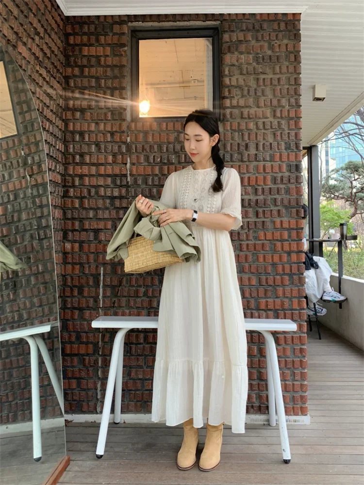 المرأة الياقة المستديرة قصيرة الأكمام الدانتيل الكروشيه فستان كاجوال فضفاض شاطئ حورية البحر عطلة فساتين طويلة بوهو نمط الأبيض Vestidos